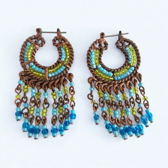 Jewelry - Vintage Southwest Turquoise Bead Hoops Dangle Earrings Chandelier Boho Earrings